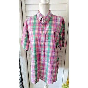 Ralph Lauren Pink Green Plaid Classic Short Sleeve Dress Shirt‎ Men Unisex XL